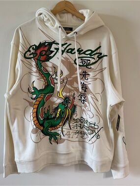 Ed Hardy Mens Hoodie XL Cream White Green Dragon Graphic Pullover Sweatshirt